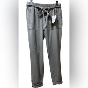 TAHARI PAPERBAG TROUSER PANTS GREEN COLOR WOMEN TIE WAIST CUFFED TAPERED SIZE S